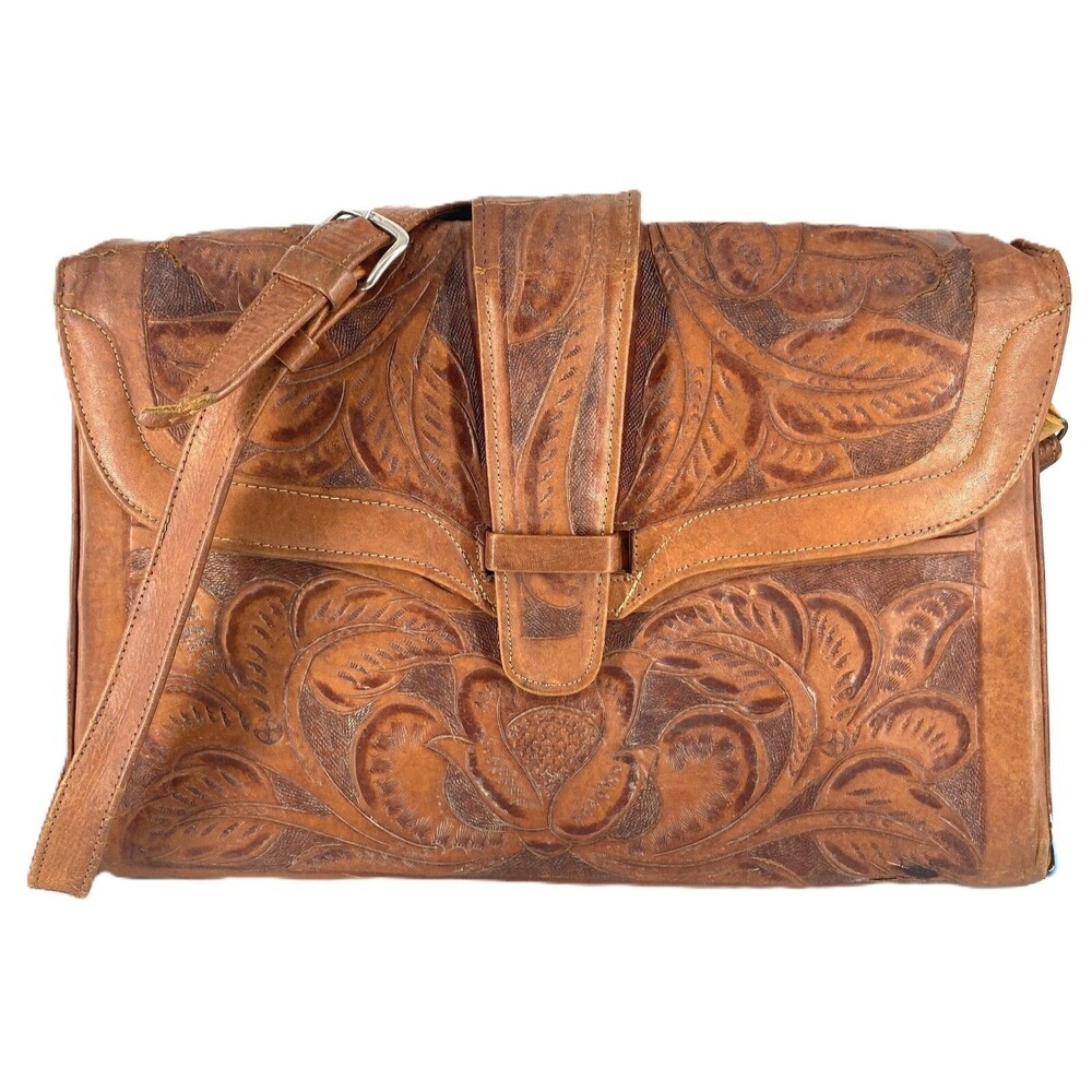 VTG Hand Tooled Tan Leather Cross Body Bag Boho Hard Shell - Prop - Staging
